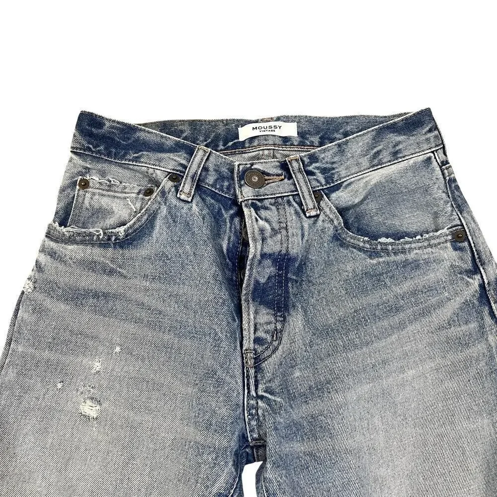MOUSSY Vintage Jeans Womens 25 Blue Distressed Straight Leg Ankle Length Denim - Picture 3 of 10